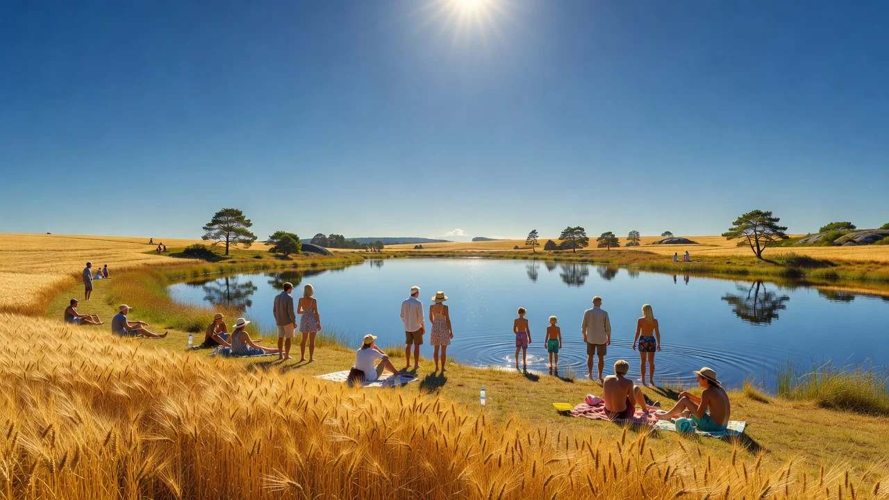 A photorealistic scene depicting a heatwave in southeastern Sweden with sunny weather and people outdoors.