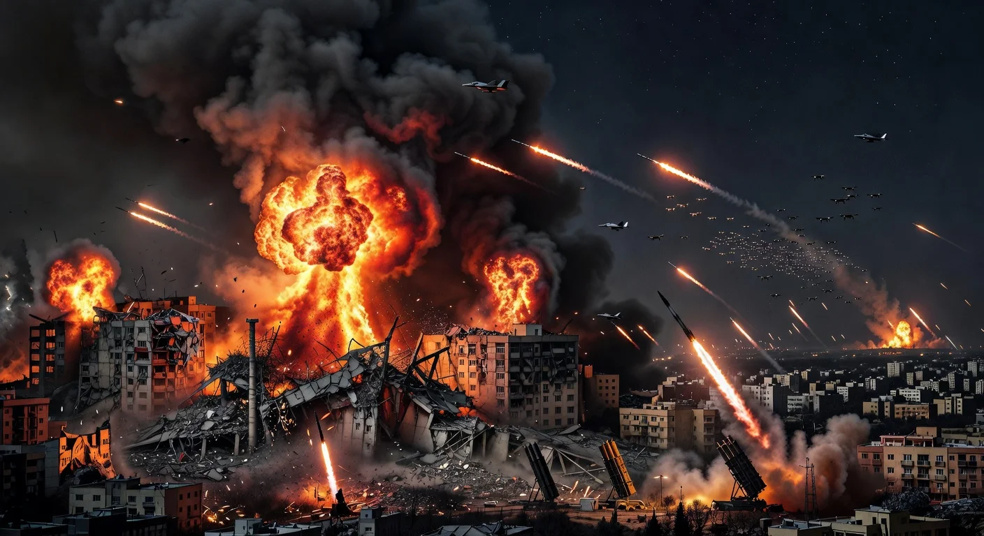 Dramatic photo-realistic illustration of US-Israel airstrikes destroying Tehran's leadership sites and Iran's retaliatory missile launches toward Israel and US bases.