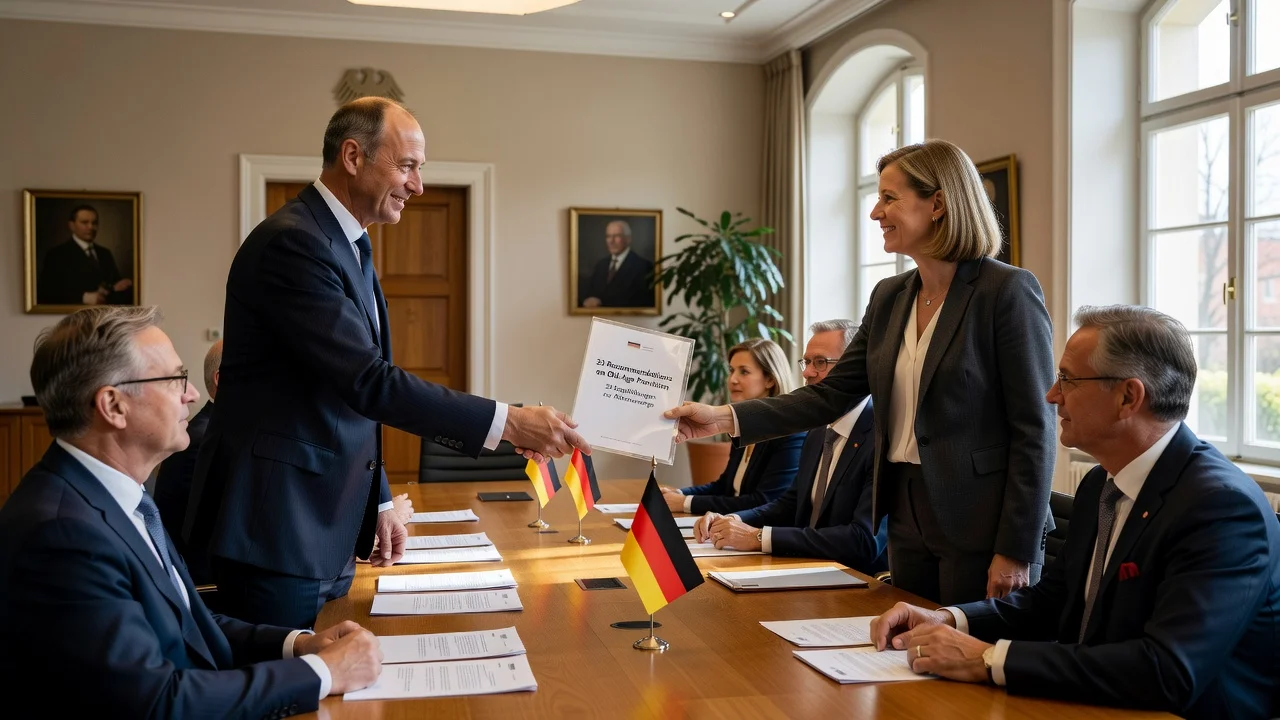 Photorealistic depiction of pension commission delivering 33 recommendations to Chancellor Merz and Minister Bas in a German government office.