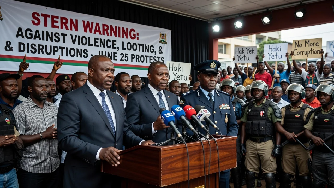 Kenyan officials at press conference warning against violence during upcoming protests.
