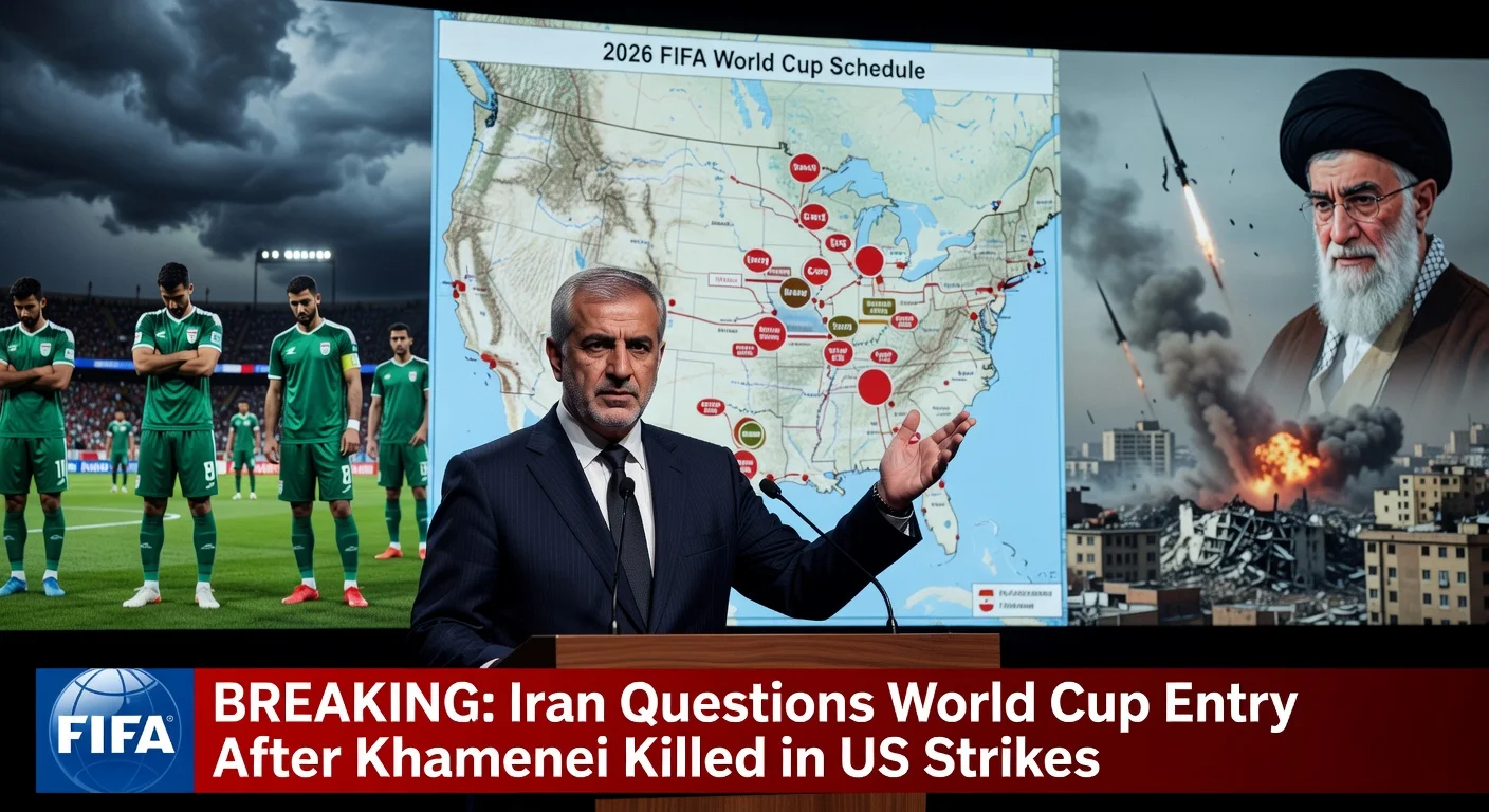Dramatic press conference scene depicting Iran's football chief questioning 2026 World Cup participation amid US strikes killing Khamenei, with symbolic stadium and conflict imagery.
