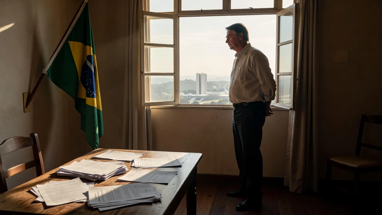 Illustration of Jair Bolsonaro under house arrest in a Brazilian home, looking out the window thoughtfully.