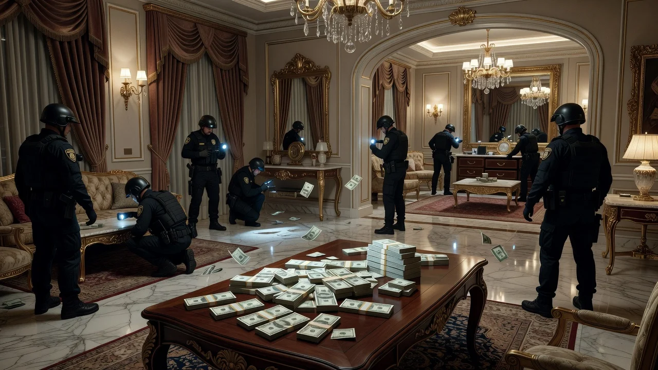 Police raiding a luxurious home with stacks of dollar bills visible on tables