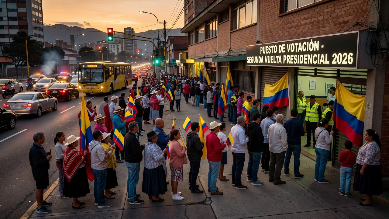 Crowds at a polling station in Bogotá during Colombia's 2026 presidential election runoff, with busy streets indicating mobility issues.