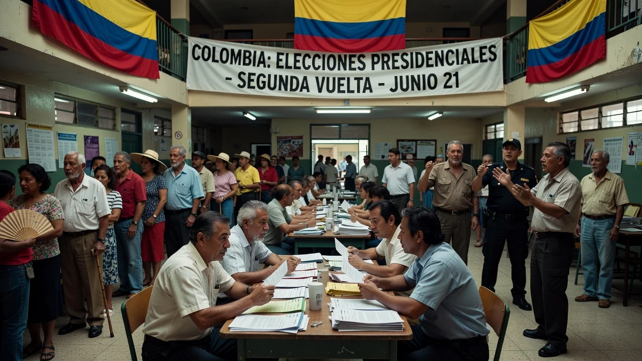 Illustration of election irregularities at a Colombian polling station during the presidential runoff.
