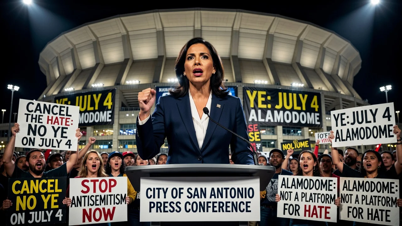 San Antonio Mayor Gina Ortiz Jones speaking against Ye's Alamodome concert.