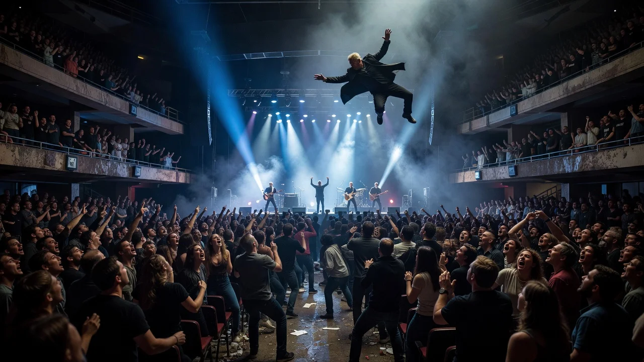 A realistic illustration depicting a man falling from an upper level at a Goose concert in Madison Square Garden.