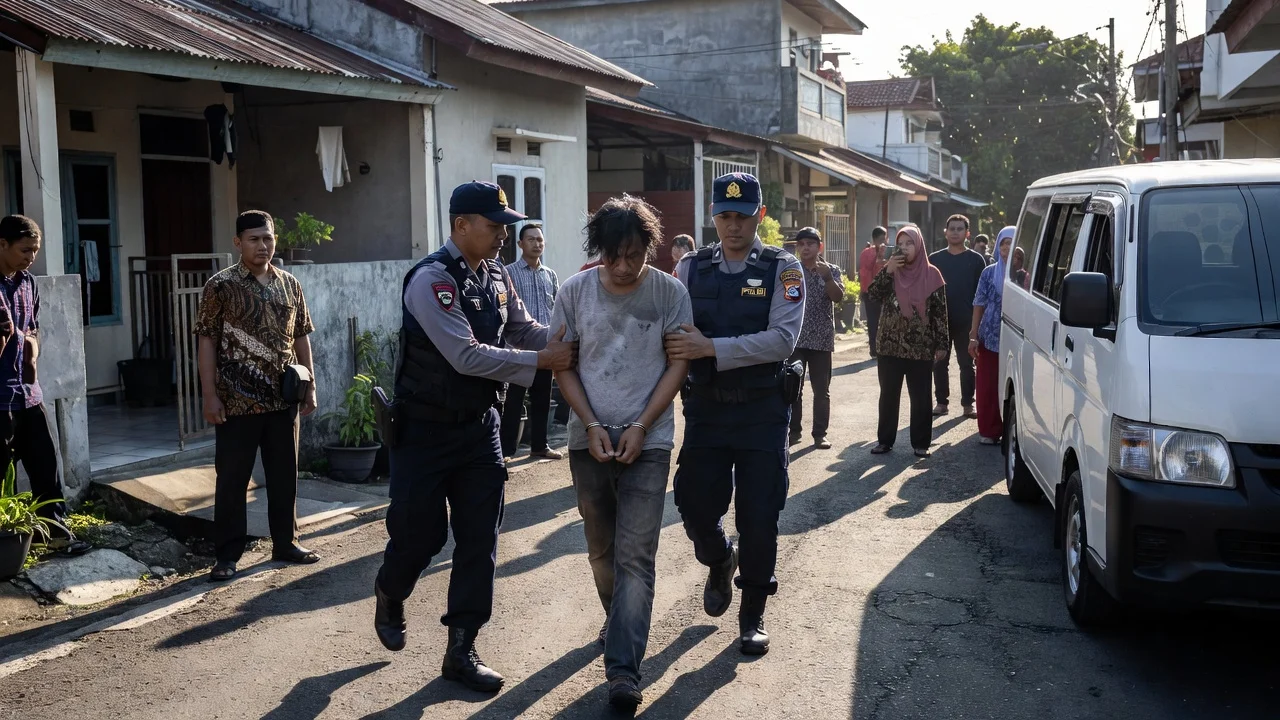 Police officers arresting a suspect in an East Jakarta neighborhood.