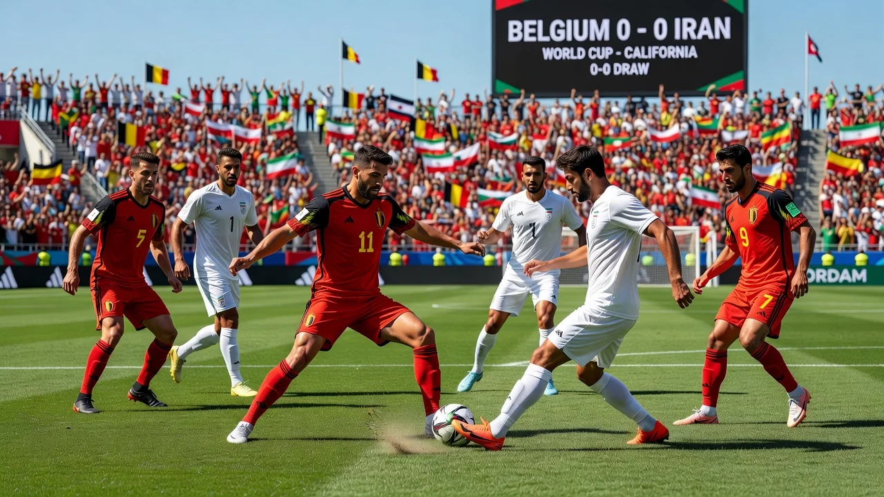 Illustration of Belgium and Iran soccer teams drawing 0-0 in World Cup match in California.
