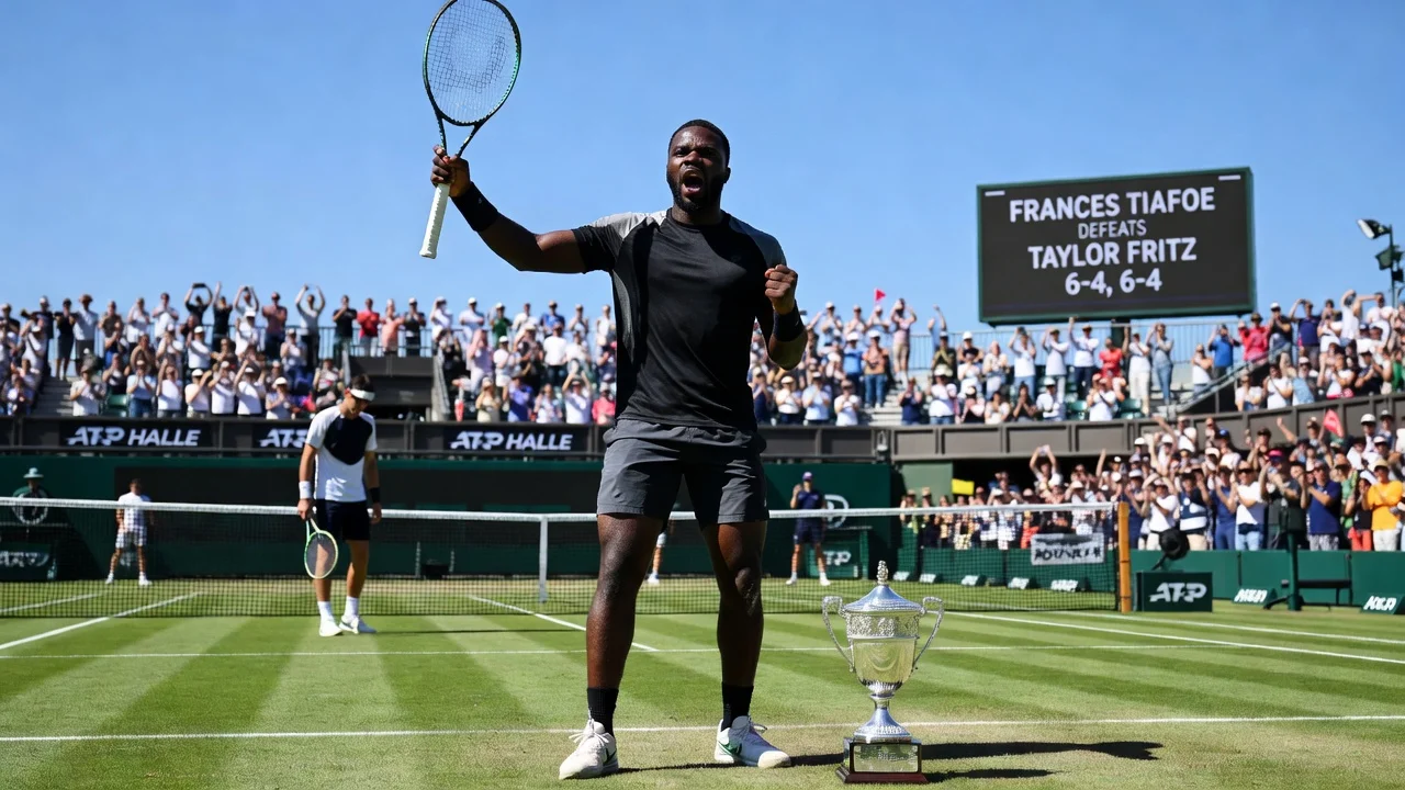 Frances Tiafoe celebrating his ATP Halle title win on the tennis court.