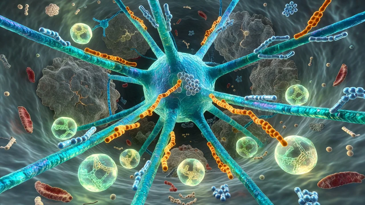 Illustration of tubulin directing tau and alpha-synuclein away from aggregates inside a neuron