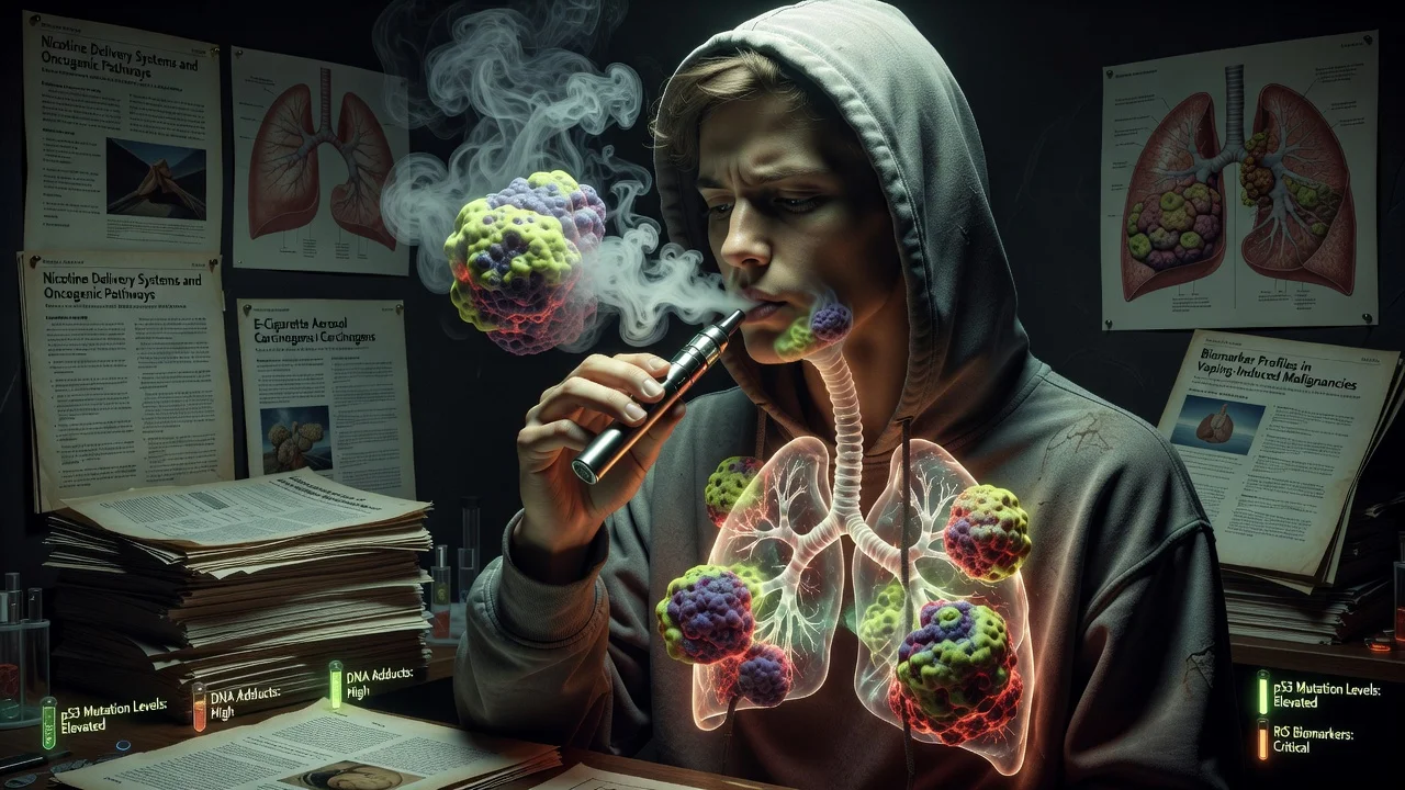 Illustration showing a person vaping with visual effects indicating lung and oral cancer risks from e-cigarettes, for a news article on health study.