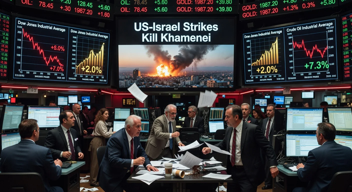 Trading floor in panic amid US-Israel strikes on Iran: stocks fall as gold and oil prices surge on screens.