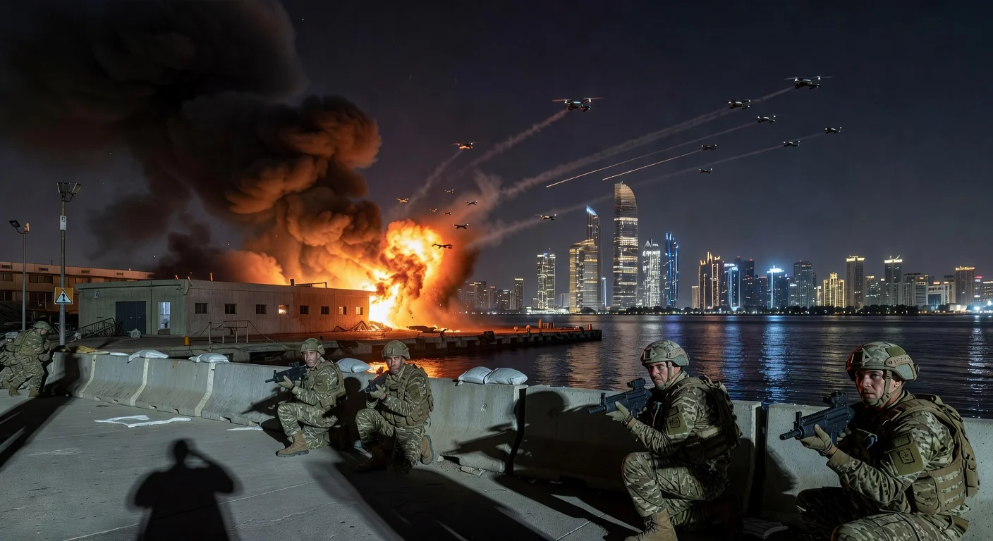 Smoke and flames rise from a French naval base in Abu Dhabi following an Iranian drone attack, with soldiers on alert amid the UAE skyline.
