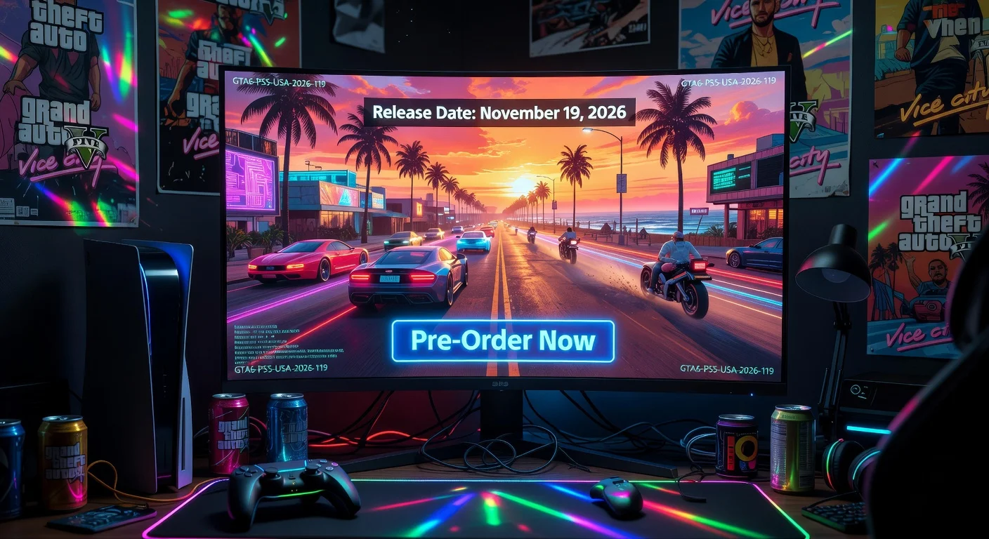 Photorealistic depiction of PlayStation Store GTA 6 pre-order page on a monitor, highlighting title IDs and November 19, 2026 release date.
