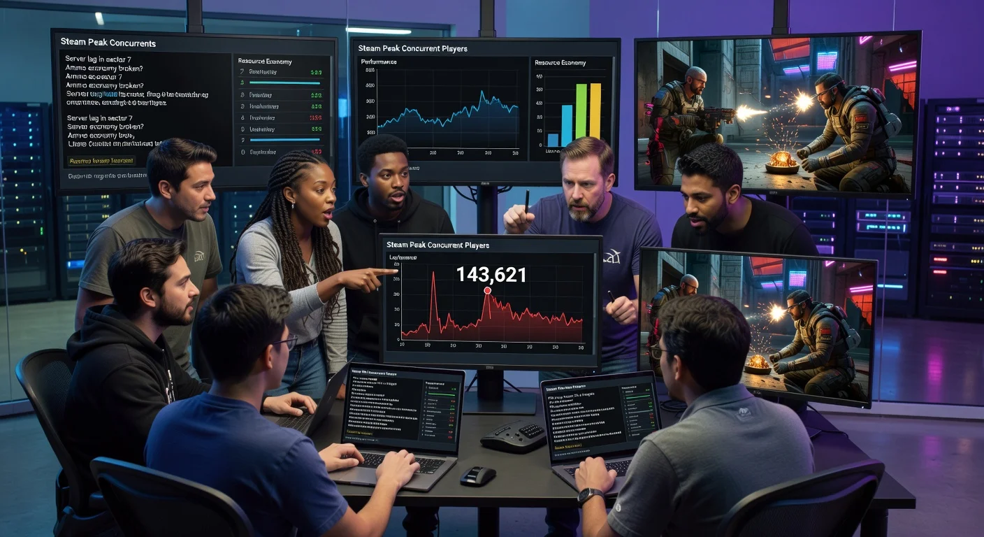 Bungie developers collaboratively reviewing player feedback from Marathon's Server Slam beta, surrounded by screens showing peak Steam player stats, UI issues, performance data, and in-game action.