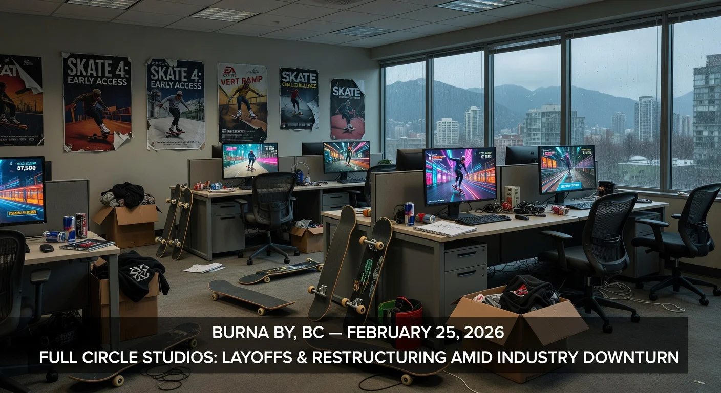 Realistic illustration of empty desks and packed boxes at Full Circle's Skate studio in Burnaby, symbolizing layoffs during restructuring.