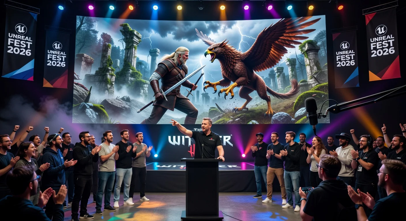 Illustration depicting CD Projekt Red's The Witcher 4 footage announcement at Unreal Fest 2026 on stage with gameplay screen.