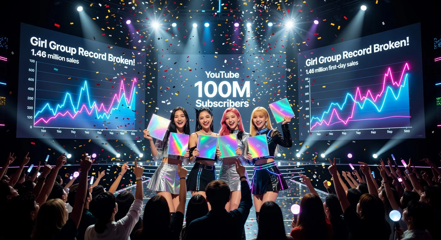 Blackpink members celebrating record-breaking 1.46 million first-day sales of 'Deadline' EP on stage with charts and fans.