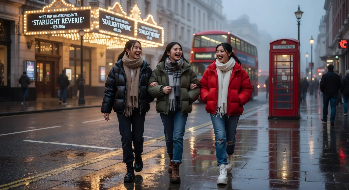 Candid photo of NewJeans members Hanni, Haerin, and Hyein walking together outside a West End theater in London amid trio comeback speculation.