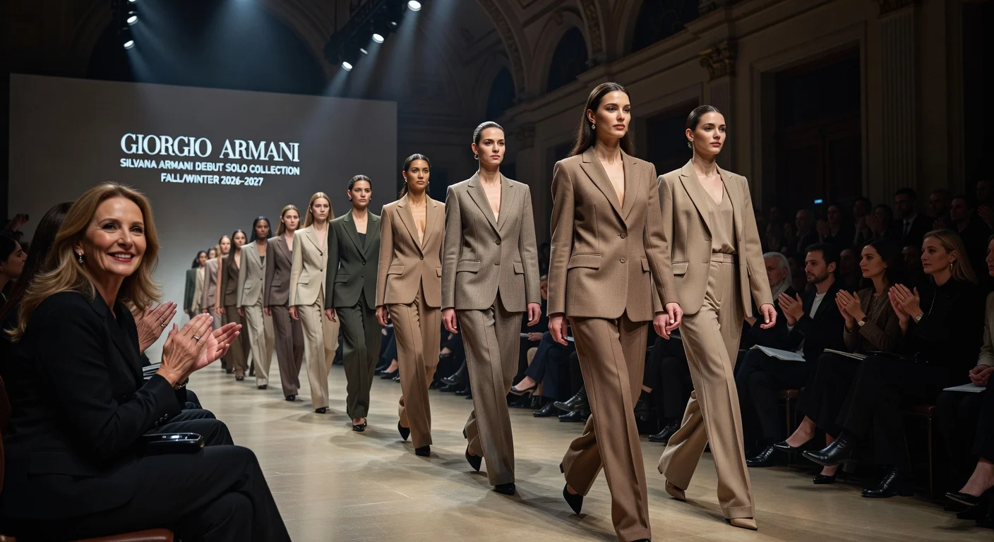 Runway finale of Silvana Armani's first solo collection at Milan Fashion Week, models in tailored suits and wide-leg trousers, Andie MacDowell applauding in front row.