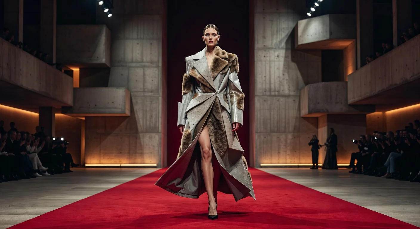 Bottega Veneta Fall 2026 runway: Model in brutalist-sensual sculptural coat on red carpet at Milan Fashion Week.