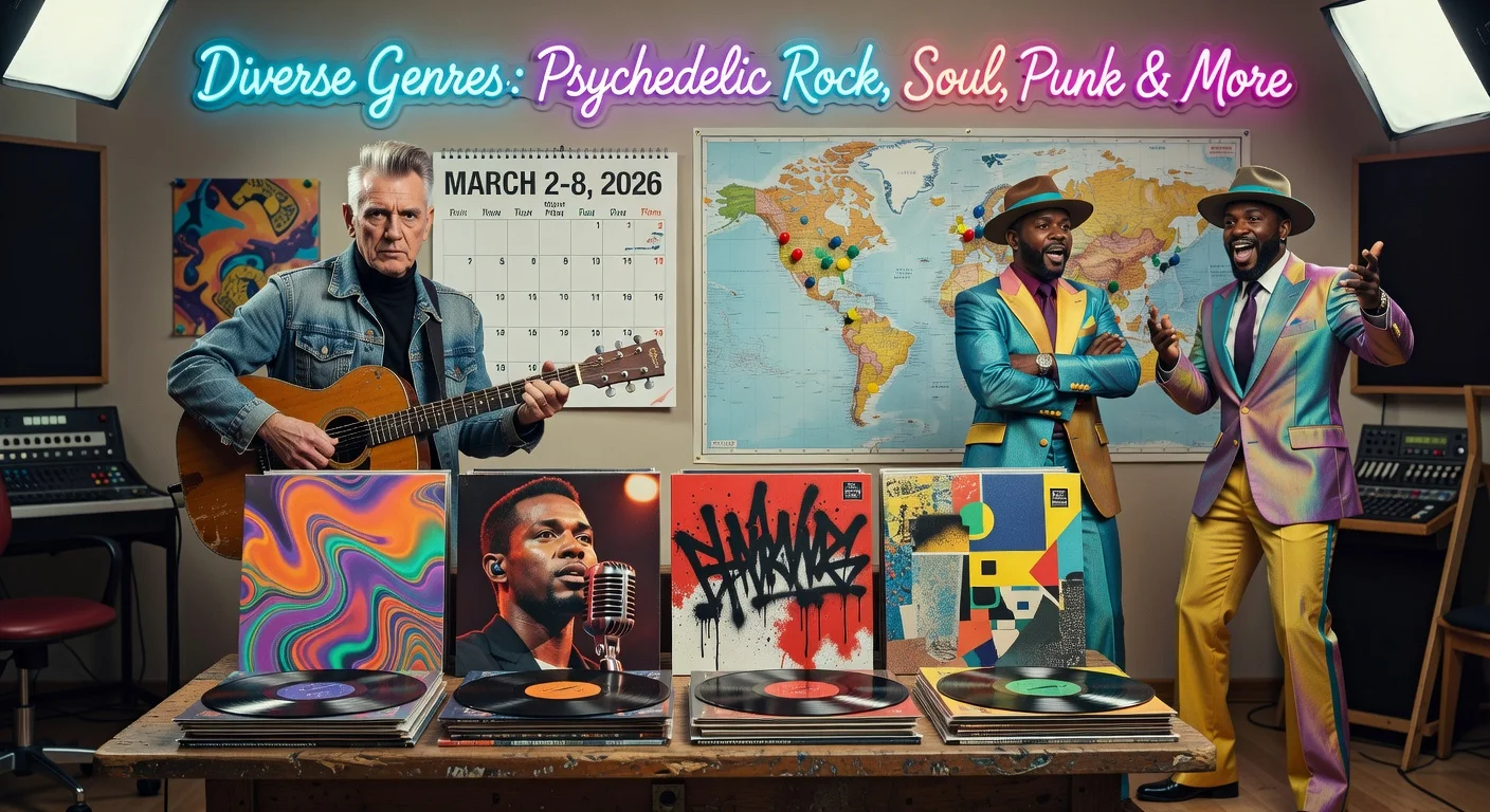 Realistic illustration depicting diverse new music releases for March 2-8, 2026, featuring vinyl records, artist portraits like Morrissey and Gnarls Barkley, and genre highlights.