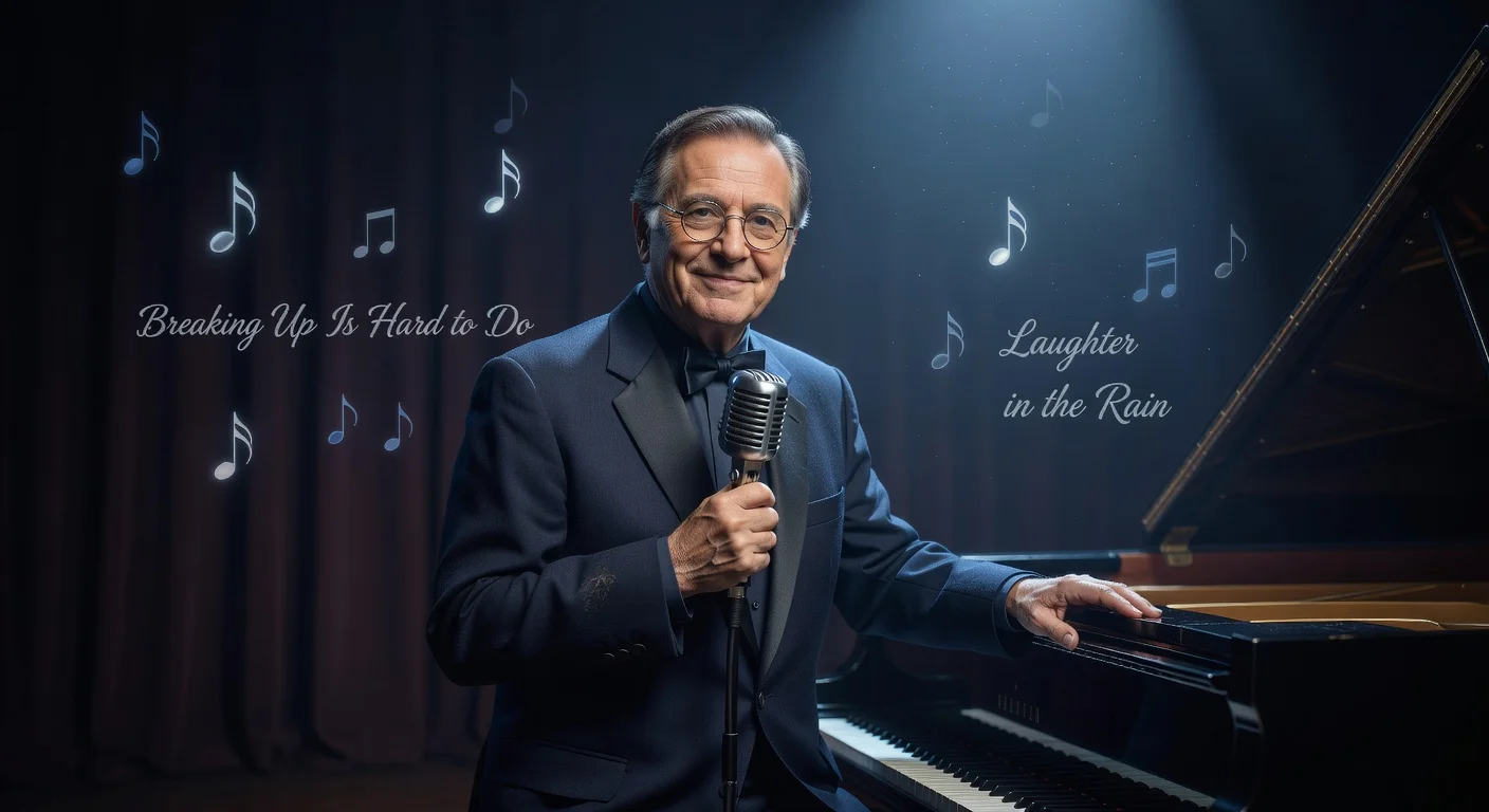 Realistic portrait of Neil Sedaka, pop icon, at piano with microphone for obituary news illustration.