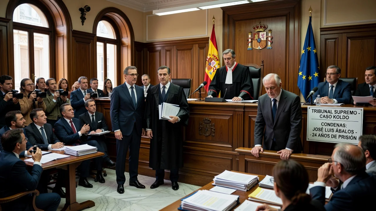 Illustration of the Supreme Court verdict in the Koldo case, showing Ábalos sentenced to prison and Aldama spared.