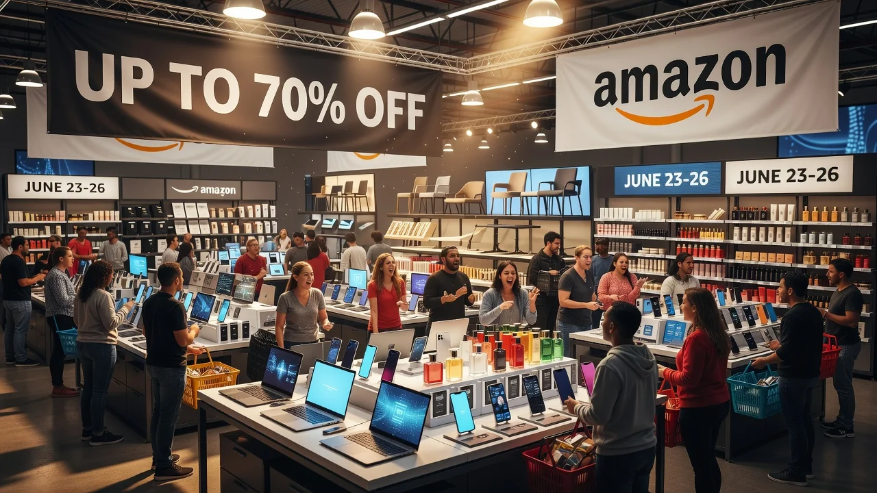 Illustration of Amazon Prime Day 2026 discounts on technology and home products.