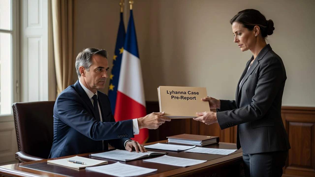 Illustration of Prime Minister Sébastien Lecornu receiving the Lyhanna case inspection report in his office.