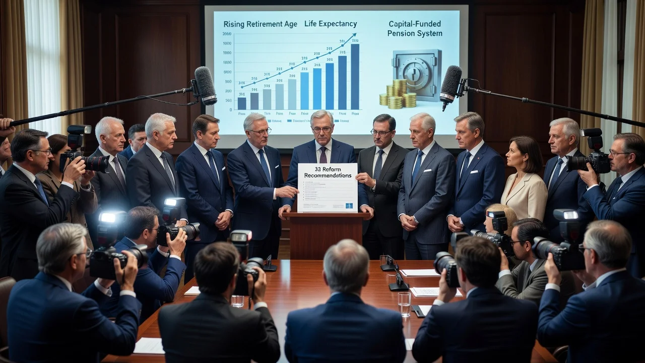 Pension commission experts presenting reform recommendations with infographics on retirement age and pensions at a press conference.