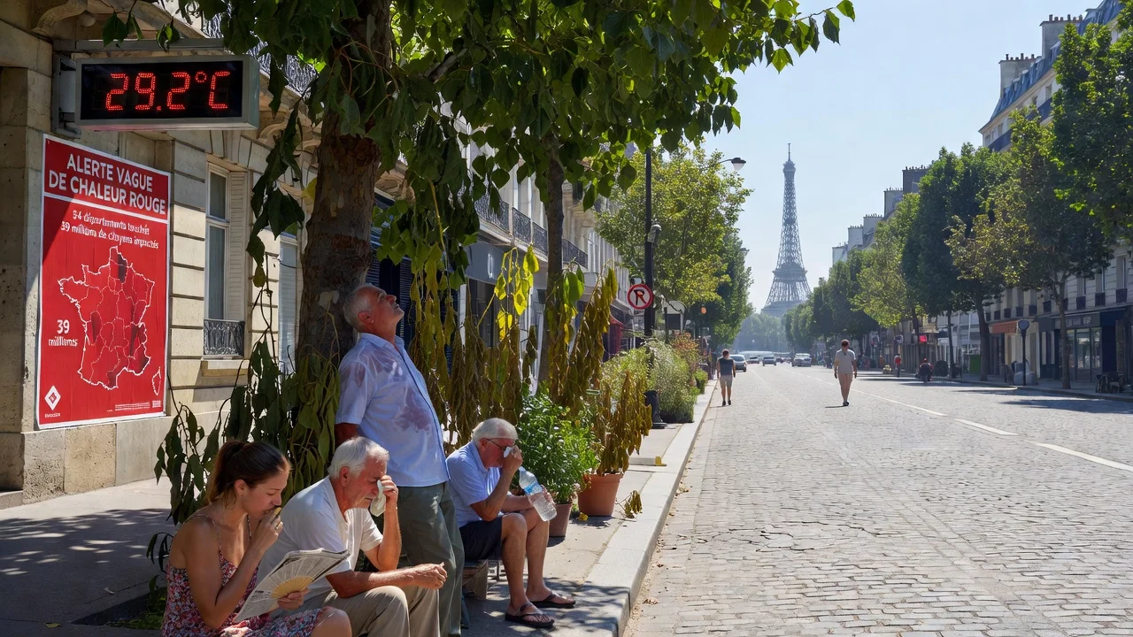 Photorealistic scene of a heatwave in Paris showing people in distress with temperature and alert displays.