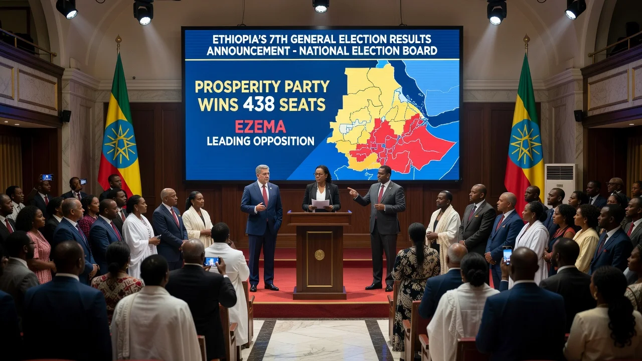 Election officials announcing Prosperity Party victory in Ethiopia's 7th general election