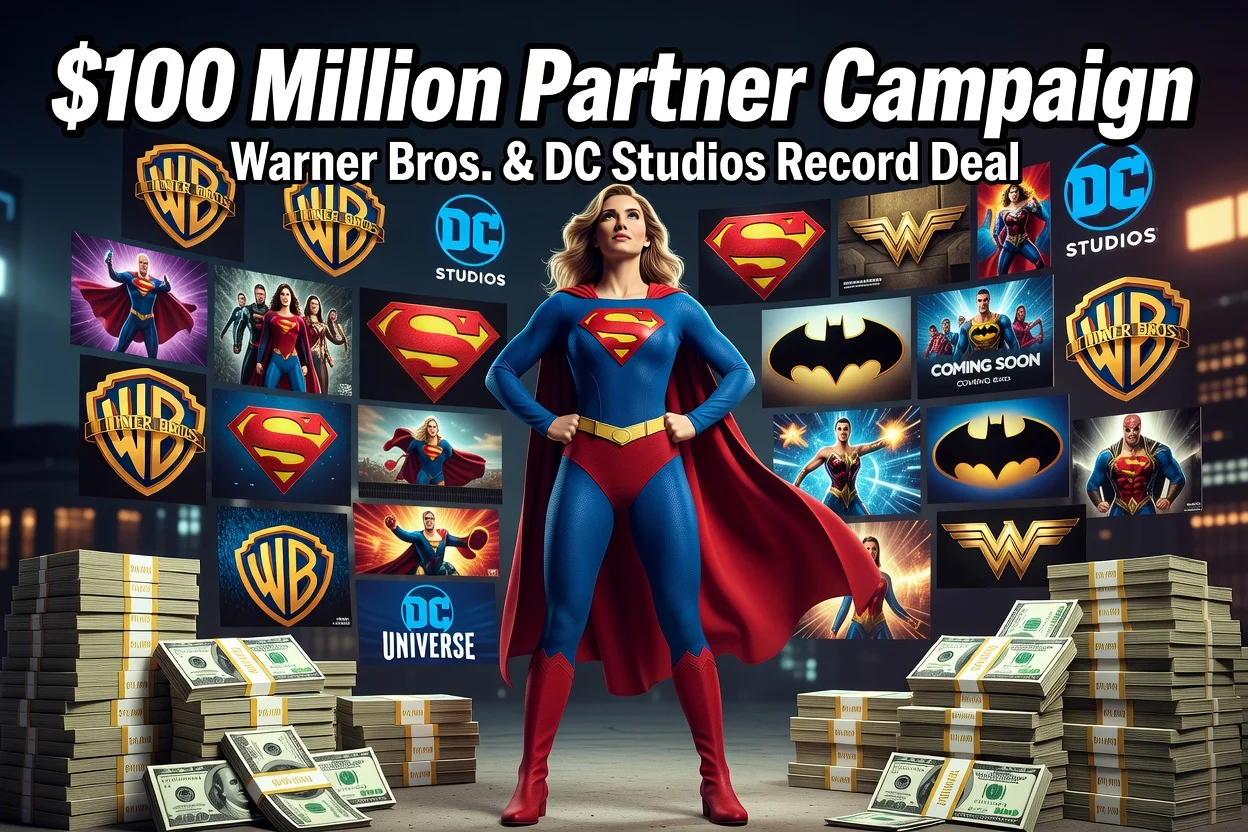 Illustration of Supergirl promoting a $100 million campaign with partner logos.
