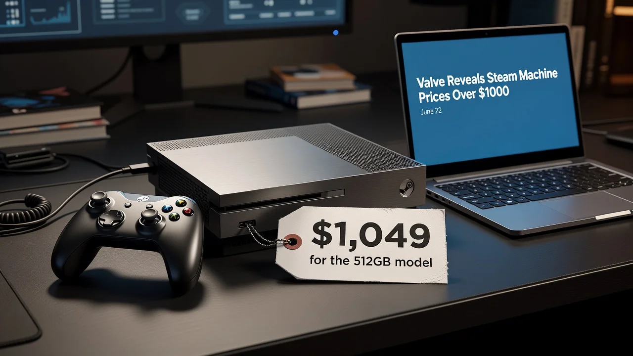 Illustration of a Steam Machine console with a $1049 price tag and Valve announcement news.