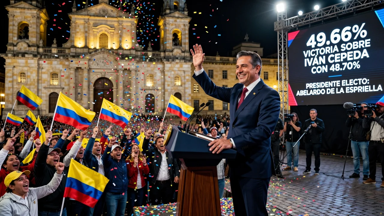 Illustration of Abelardo de la Espriella's presidential election victory in Colombia.