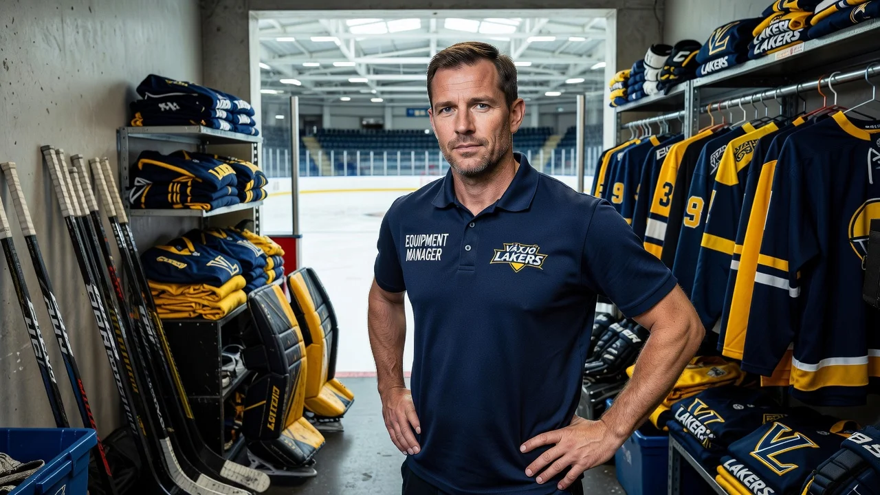 Oliver Bohm standing in the Växjö Lakers arena surrounded by hockey equipment.
