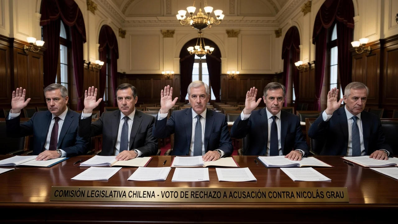 Illustration of Chilean officials in a commission meeting rejecting an accusation against former minister Nicolás Grau.