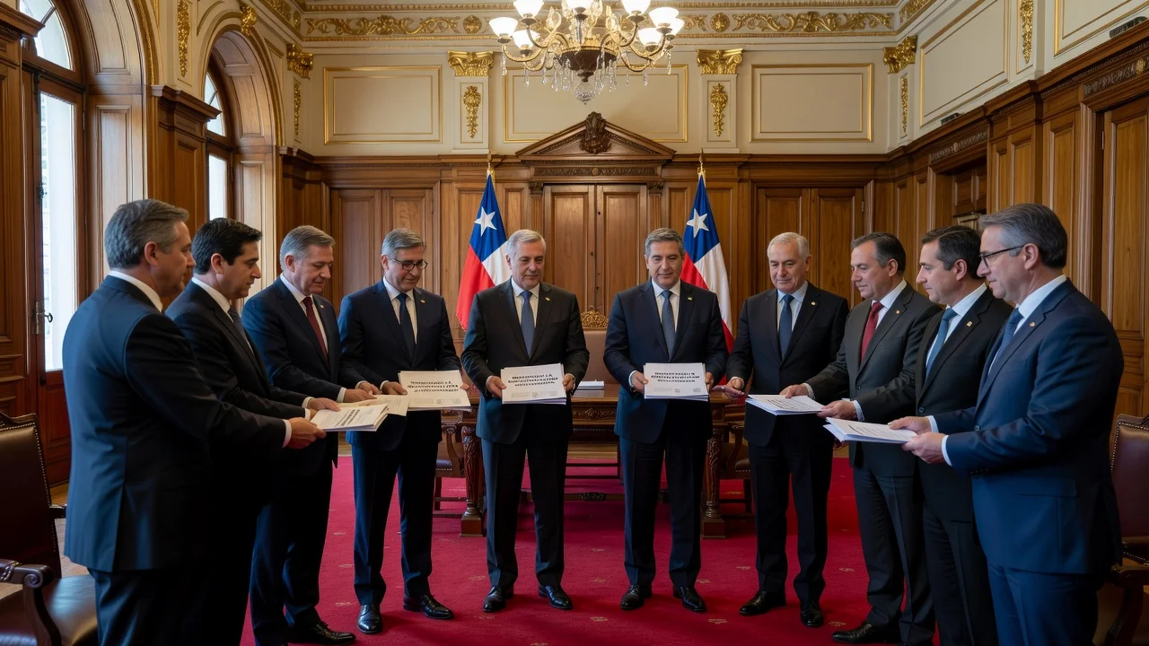 Chilean senators from PS and FA delivering megareform proposals to ministers at La Moneda palace
