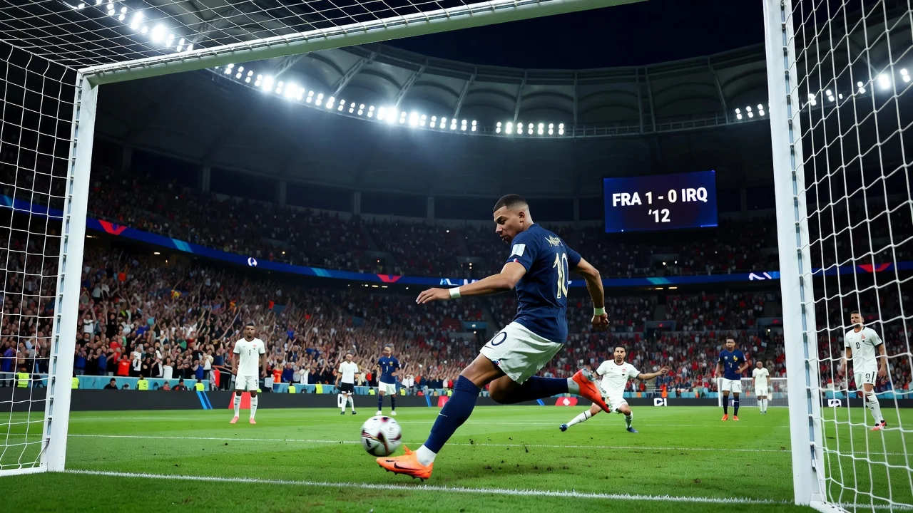 Kylian Mbappe scoring a goal for France leading 1-0 against Iraq in the World Cup.
