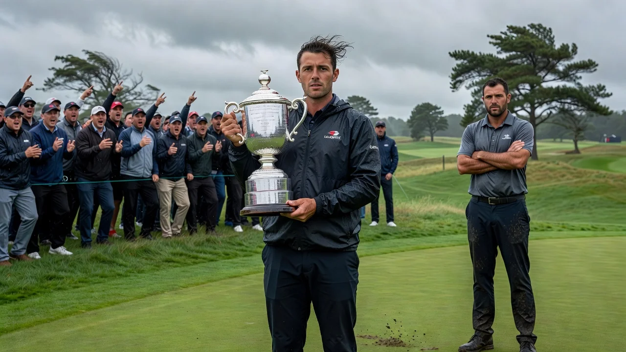 Wyndham Clark celebrating his U.S. Open win at Shinnecock Hills with trophy, Scottie Scheffler present amid crowd reactions.