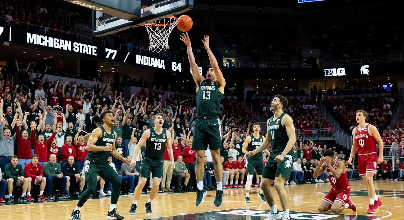 Michigan State Spartans celebrate 77-64 Big Ten road win over Indiana Hoosiers, with key players Kur Teng and Jaxon Kohler in action at Simon Skjodt Assembly Hall.