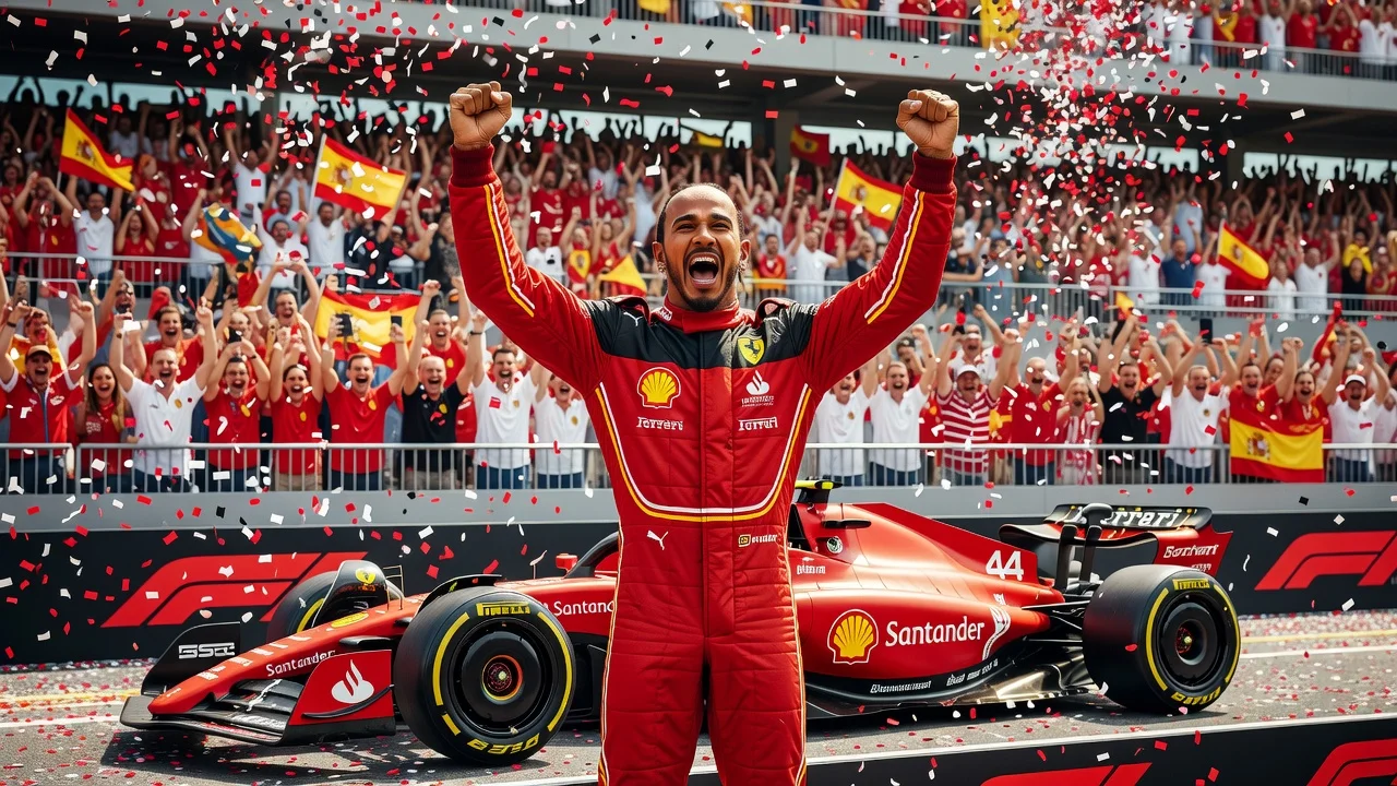 Lewis Hamilton on the podium celebrating his emotional first victory for Ferrari at the Barcelona Grand Prix.