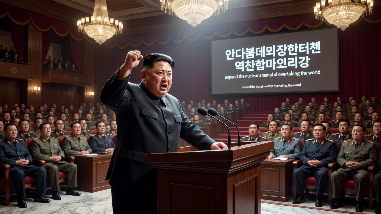 Illustration of Kim Jong-un at a North Korean party meeting vowing to expand nuclear arsenal.