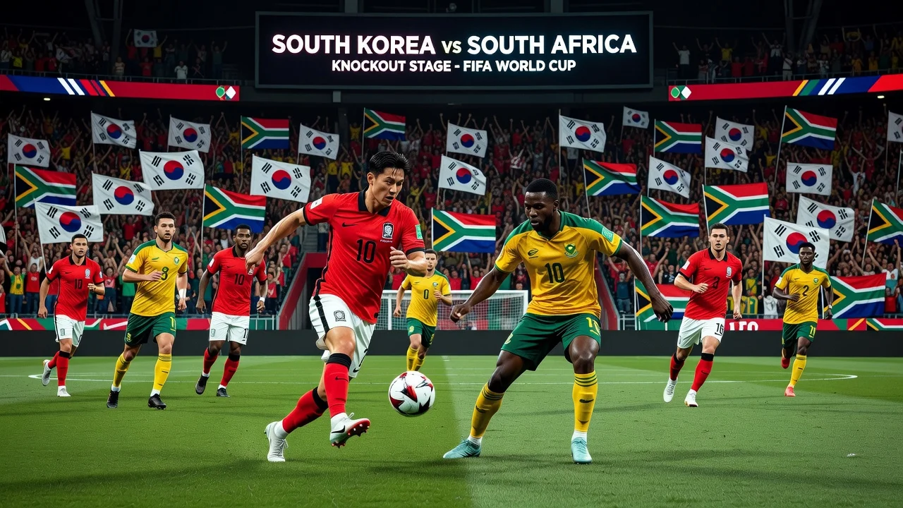 South Korea and South Africa players battling in a World Cup soccer match for knockout qualification.
