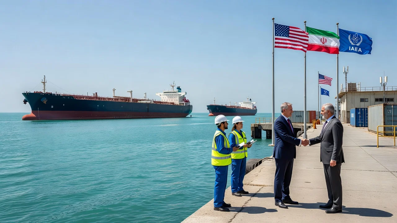 Illustration of the Strait of Hormuz with oil tankers and diplomats shaking hands regarding Iran's commitments to free transit and IAEA inspections.