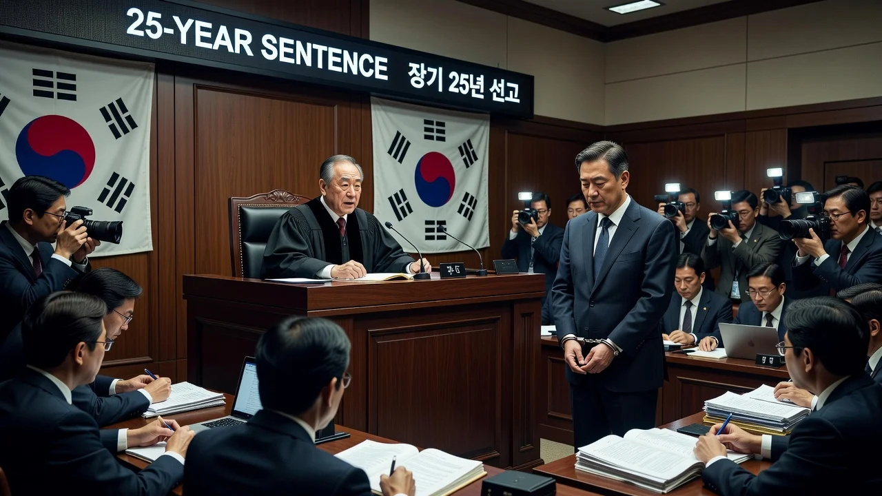 Courtroom scene of ex-Justice Minister Park Sung-jae receiving a 25-year prison sentence for martial law insurrection role.