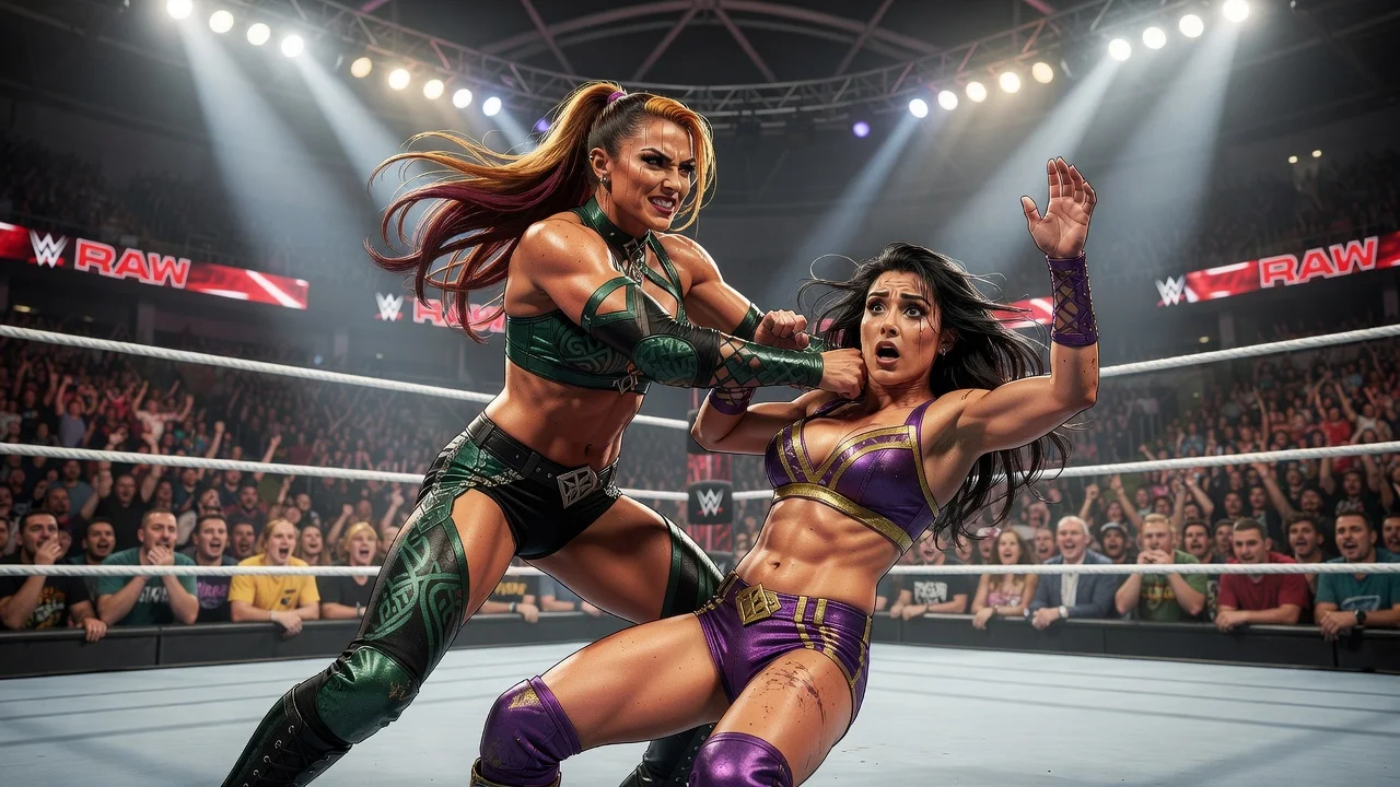 Lyra Valkyria attacking Bayley in the WWE ring