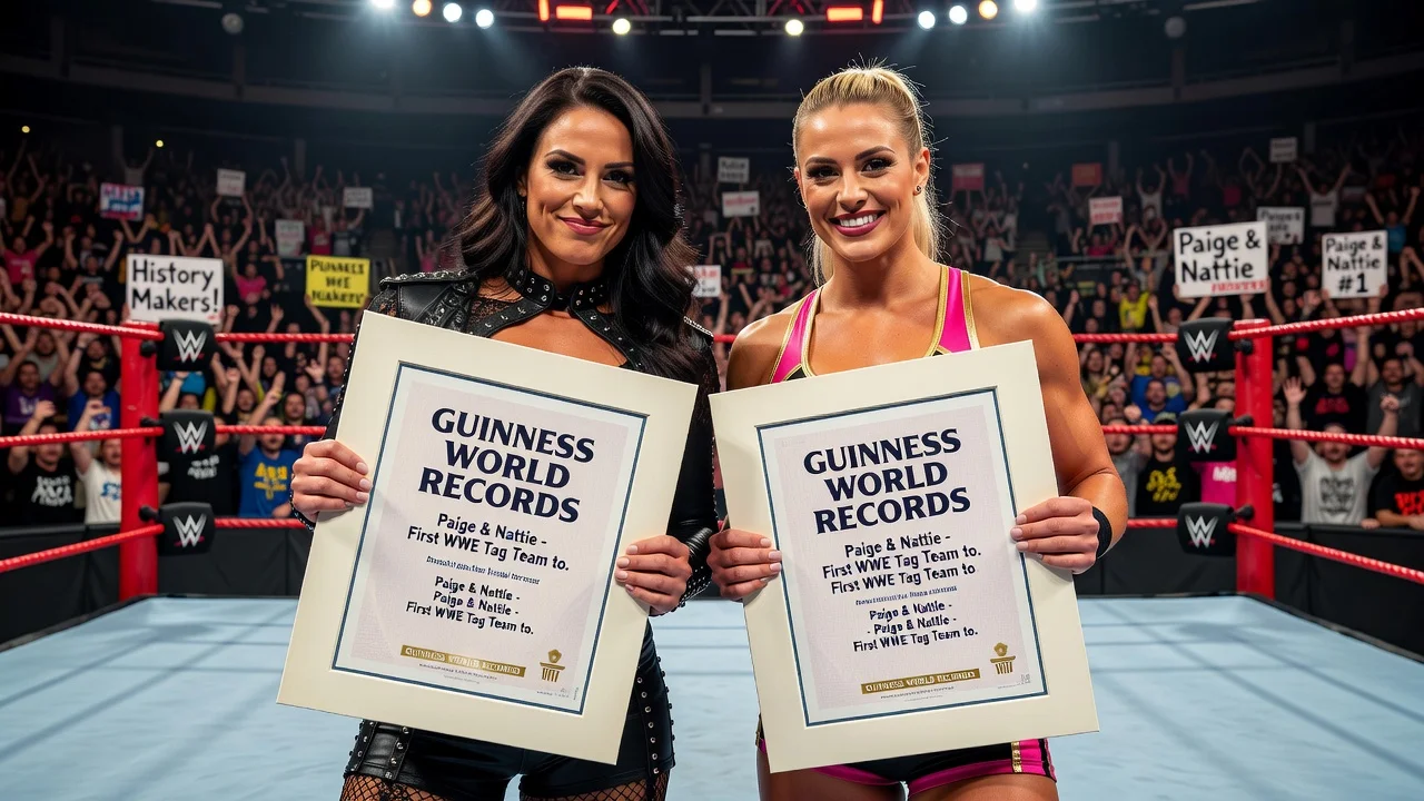 Paige and Nattie holding Guinness World Records certificates in a WWE ring